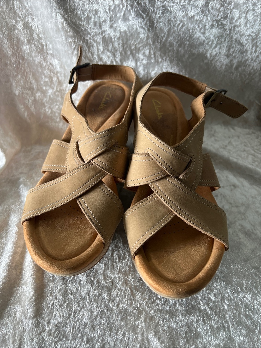 Clarks Tan Crisscross Leather Sandals with Ankle Strap
